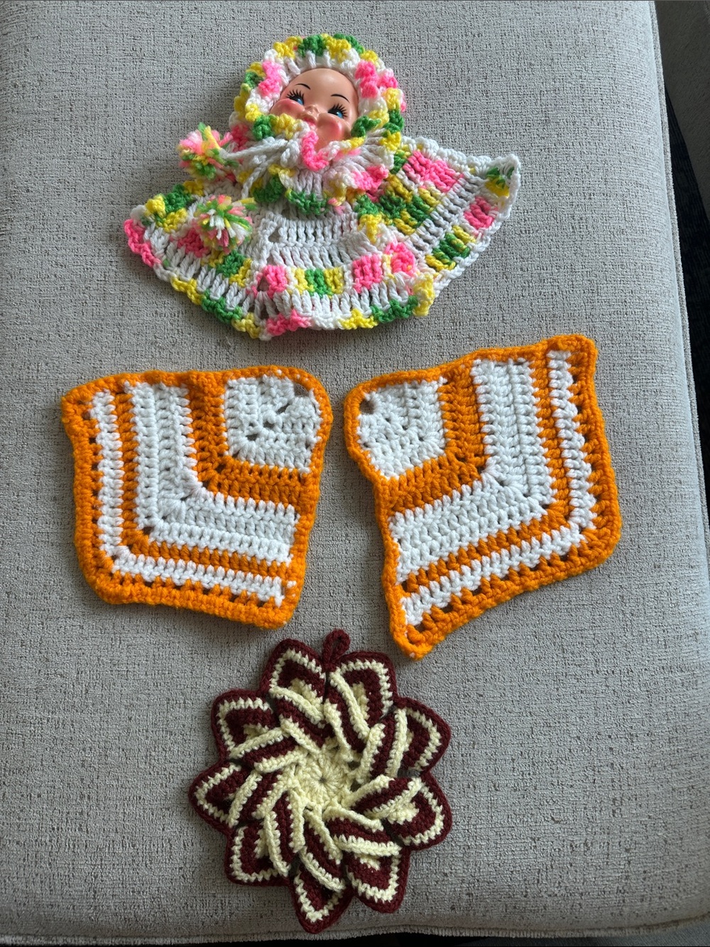 Vintage Handmade Crochet Kitchen Lot - Retro Orange Hot Pats, Star Trivet & More